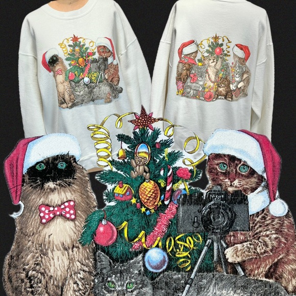 VINTAGE 80s 90s Christmas cats graphic sweatshirt double side photography camera - Picture 1 of 15